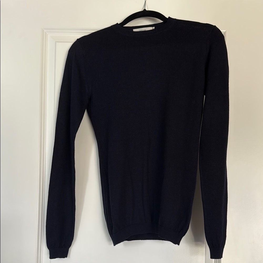 Navy Crewneck Sweater with Ribbed Trim and Cuffs